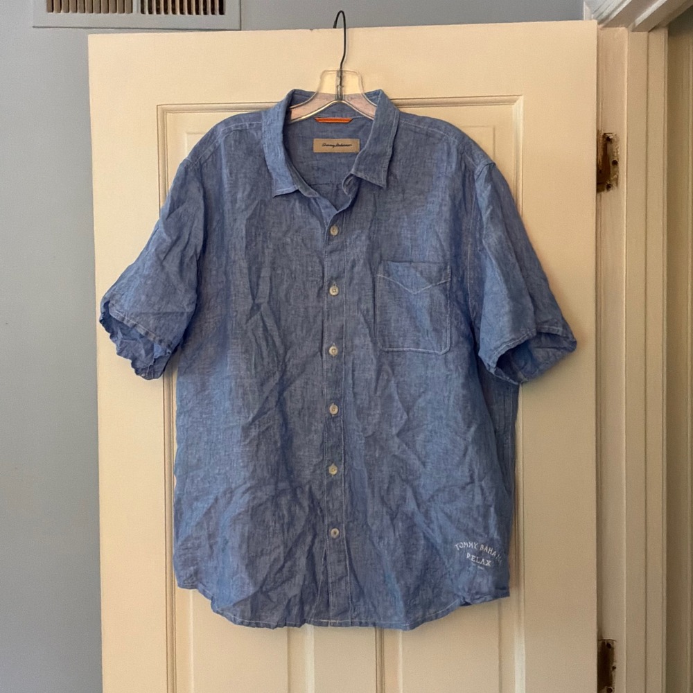 Tommy Bahama Relax Mens Blue 100% Linen Short Sleeve Shirt XL Beach Casual